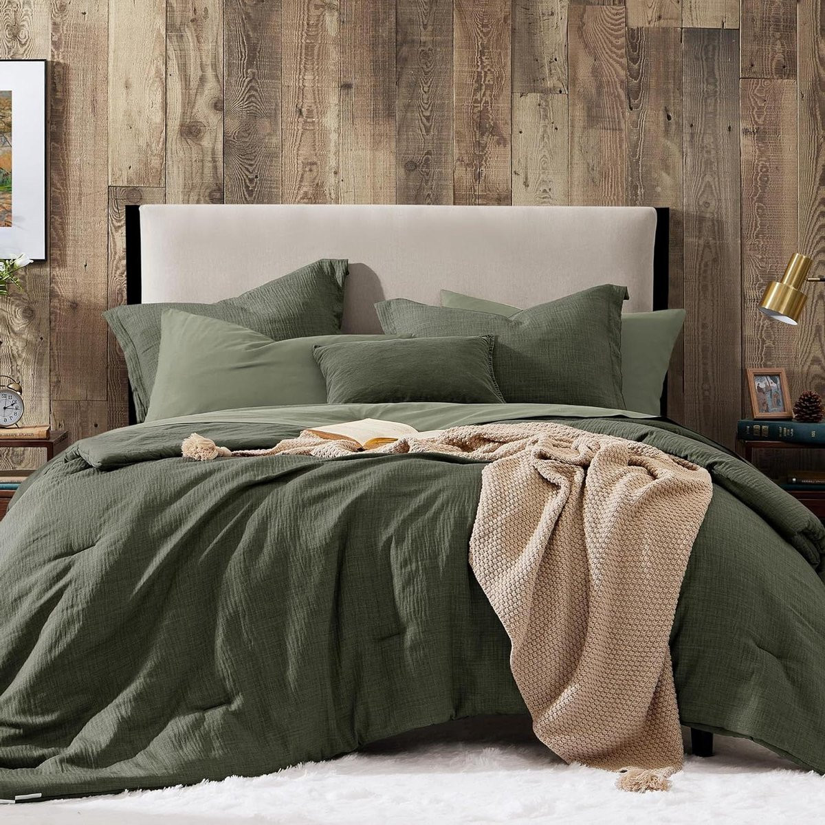 Donkergroene linnen-look dekbedset voor volwassenen in Queen Size