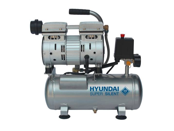 Hyundai Druckluftkompressor, Silberfarben, Metall, 35x41x42 cm, ölfrei, Druckminderer, Rückschlagventil, Manometer Kesseldruck, Manometer Ausgabedruck, einfach zu transportieren, Freizeit & Co, Heimwerken, Werkzeug