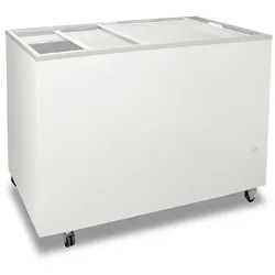 KLIMAITALIA Truhe-Gefrierschrank mit flachem Schiebeglas, Innenfläche gehämmertes Aluminium, Isolierung 60 mm, -13°C/-23°C. FR300PFFK