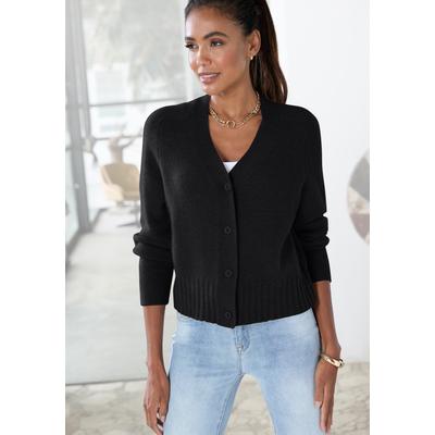 Strickjacke LASCANA "mit V-Ausschnitt aus superweichem Kaschmir", Damen, Gr. 44/46, blau (schwarz), Strick, Obermaterial: 100% Kaschmir, unifarben, figurumspielend hüftlang, V-Ausschnitt, Rippstrickbündchen, Strickjacken Strickjacke, Kuschelige...