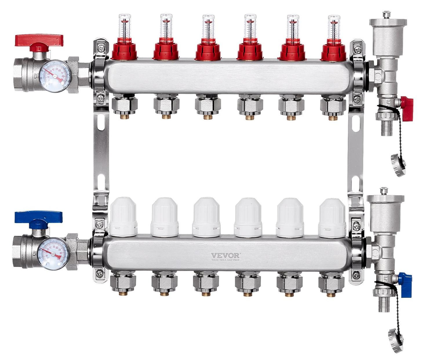 VEVOR 6-weg warmteverdelingsverdeler van roestvrij staal met 1/2 inch PEX-buisverbindingen en adapters voor vloerverwarming, zilver