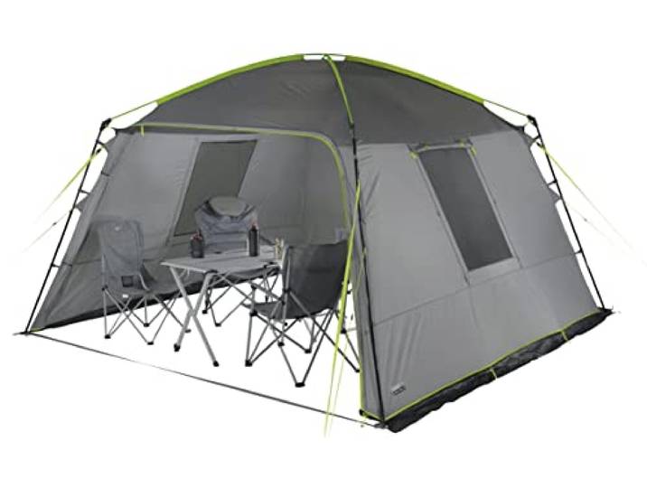 High Peak Pavillon Cabana,Partyzelt mit 2 Eingängen,freistehend,teilbare Verandafront,2 Moskitofenster mit Reißverschluß-Abdeckklappen,Klarsichtfolienfenster mit Abdeckung,2,1m Höhe,2000mm wasserdicht