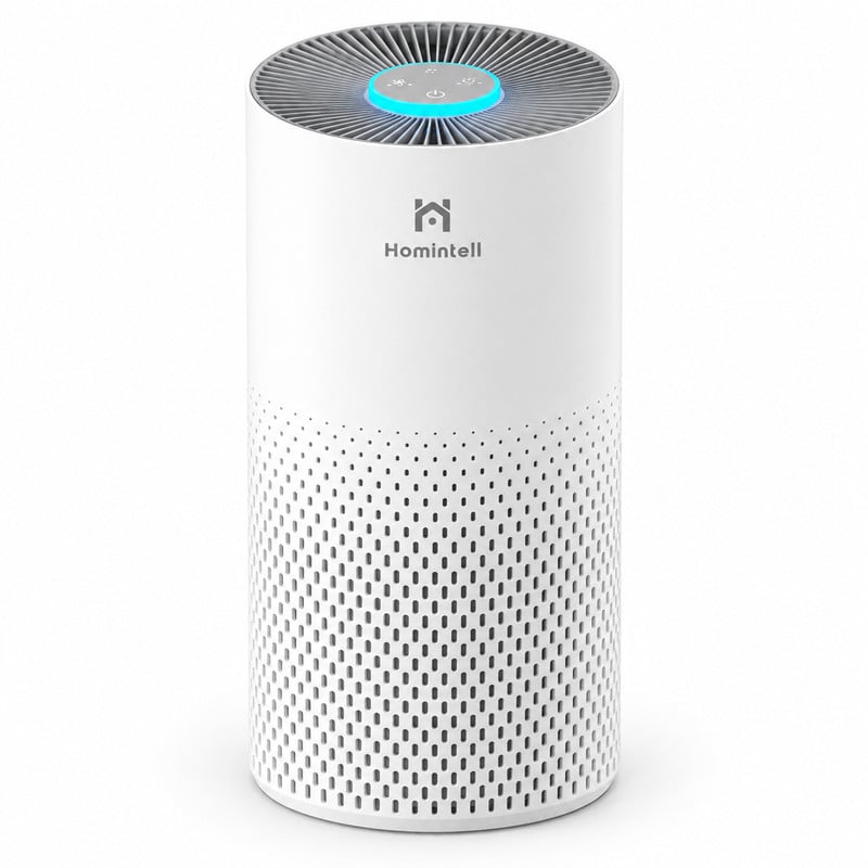 Homintell Luchtreiniger met HEPA- en actieve koolfilters, 3 snelheden en 7-kleuren atmosfeerverlichting voor kamers tot 18 m²