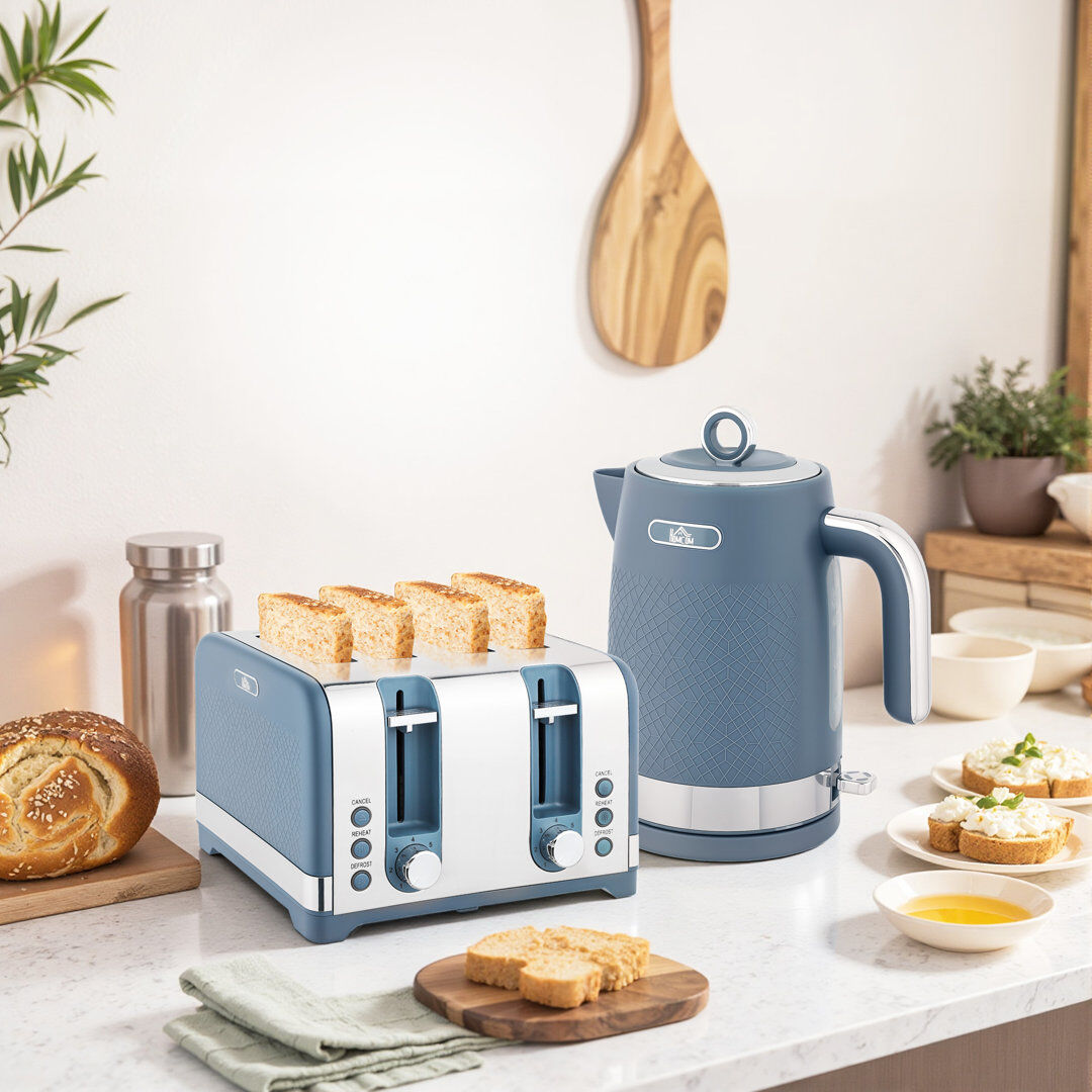 HOMCOM Kettle and Toaster Set with 3000W Rapid Boil 4 Slice Toaster Blue/Silver 4 - Slice