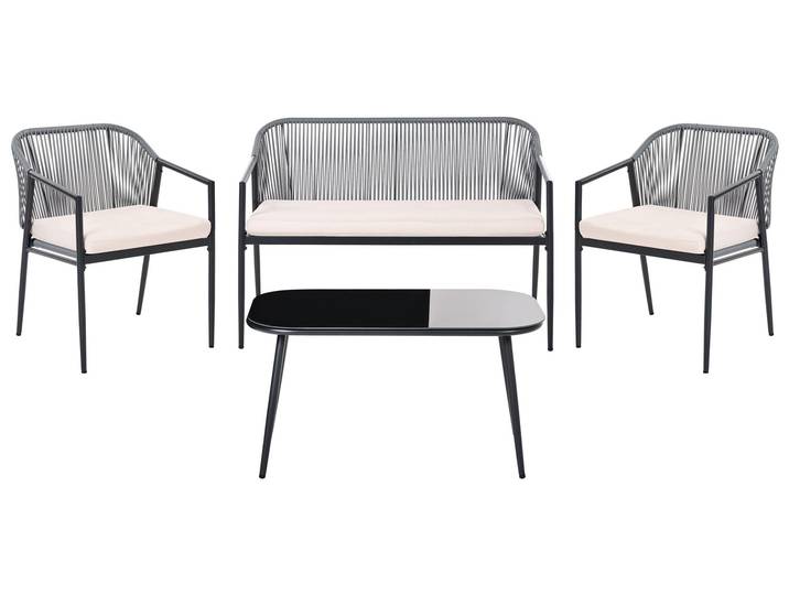 BELIANI Gartenlounge Set Schwarz Polyrattan und Metall 4-Sitzer Gartensofa Gartensessel mit Couchtisch Modernes Design Loungemöbel Gartenmöbel