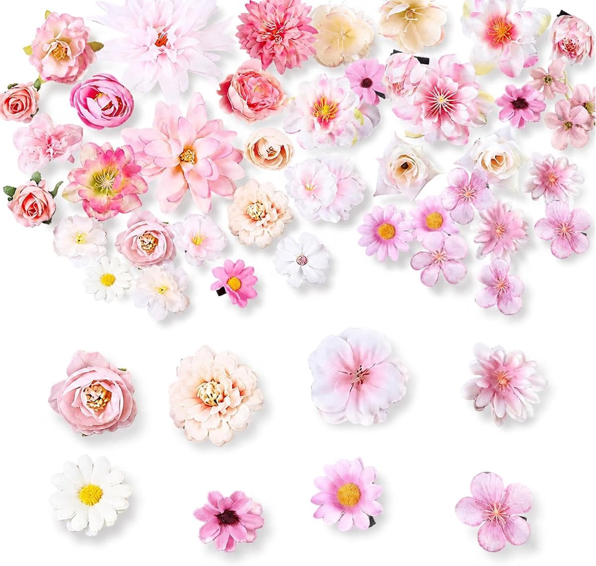 Mini kunstbloemen mix van roze en witte zijden rozen, pioenrozen en madeliefjes voor DIY-projecten en decoratie