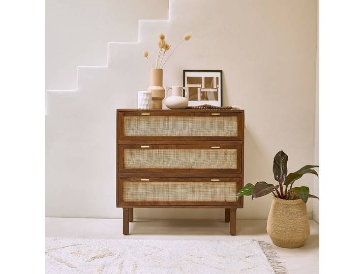 Commode en manguier massif et cannage finition noyer 90 cm