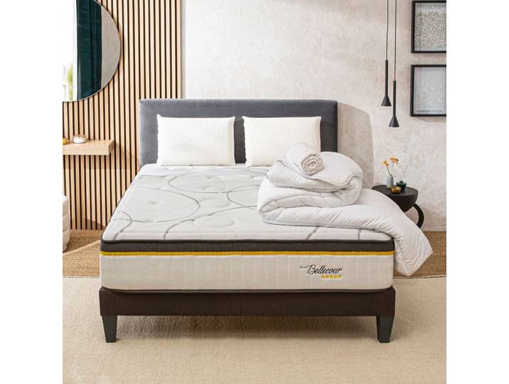 BELLECOUR LITERIE Pack Bellecour 3.0 90x190 cm Matelas Ressorts + Sommier Bois + Accessoires