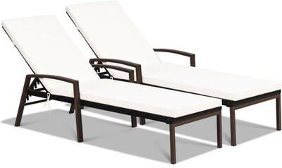 Costway 2 Pieces Patio Rattan Adjustable Back Lounge Chair with Armrest and Removable Cushions-White