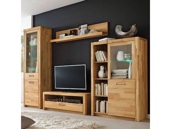 Wohnwand 4-teilig Front & Korpus: Massivholz Kernbuche, geölt Griffe: Metall, lackiert Braun/Kernbuche 309 x 203 x 46cm