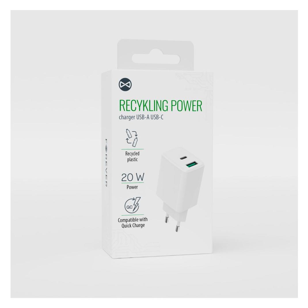 Forever Core Forever recyceltes Wandladegerät USB + USB-C 20W LSR20-AC-00 weiss (20 W, 2 Ports) (52523113)