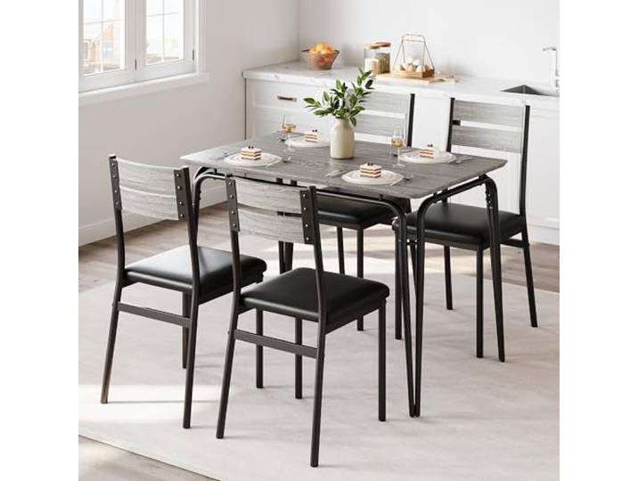 Thaookte Esstisch Mit 4 Esszimmerstühlen, Esszimmermöbel-Set, Essgruppe, Für Wohnzimmer, Küche Und Esszimmer, Metallrahmen, Einfache Montage, Kleine Räume, Grau + Schwarz