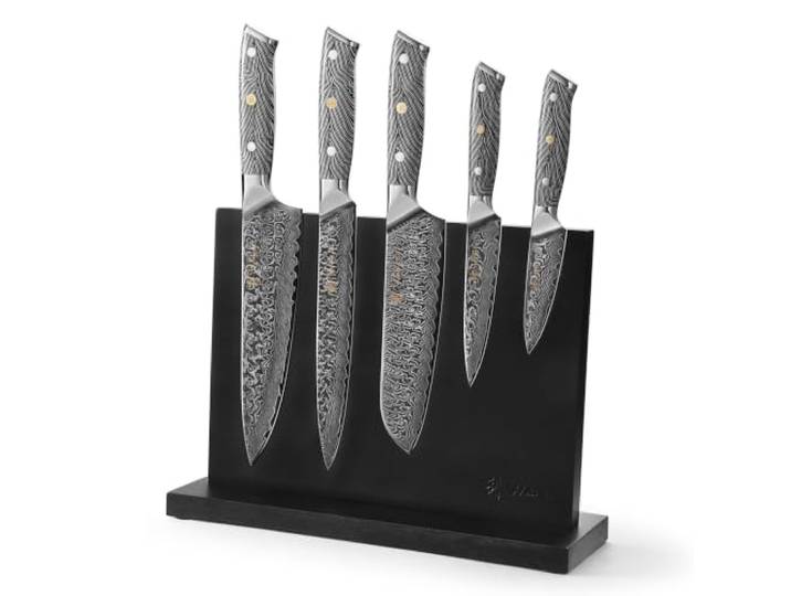 Wakoli NoirBlanc Damast Küchenmesser Set & magnetischer Messerblock 5-teiliges Damastmesser Set aus 67 Lagen Damaststahl mit VG10-Kern, G10-Griffe, Messerblock mit einseitiger Magnetfläche
