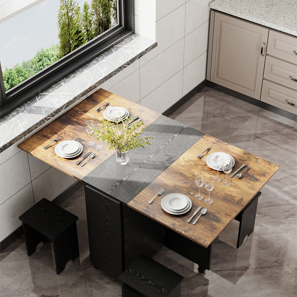 Borough Wharf Extendable and Foldable Dining Table Set with 4 Stools and Wheels Brown 4