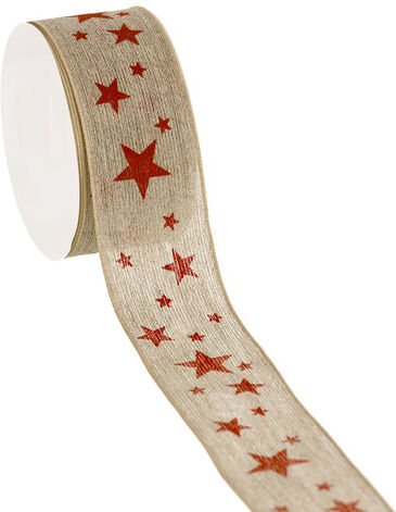 Leinenband "Sterne", natur-rot, 40 mm, 4 m