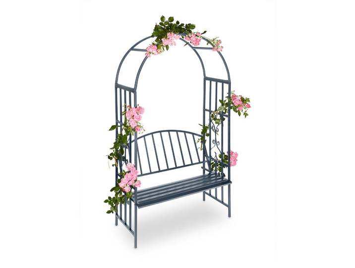 Relaxdays Rosenbogen Anthrazit mit 2-Sitzer-Bank 205x115x50 cm, Metall, 115x205x50 cm, Dekoration, Gartendeko