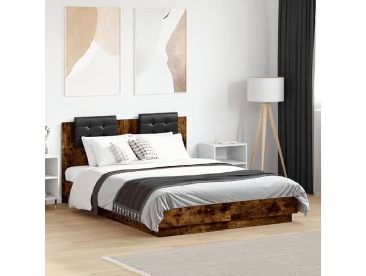 RJPLMFV Bettgestell mit Kopfteil, Holz, 120 x 190 cm Ohne Matratze, Lattenrost, Schaumstoffpolsterkopf, Rückenstütze, Raucheiche