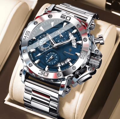 Inspire Essentials Poedagar Luxury Chronograph Watch For Men Stainless Steel Waterproof Design silver Blue