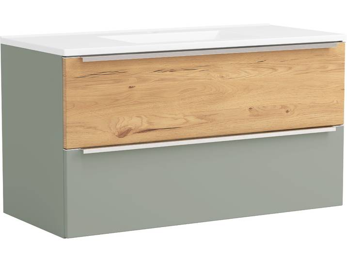Waschtisch WELLTIME TRIENT, Softclose-Auszüge, Mineralgussbecken , grün (schilfgrün, wildeiche, schilfgrün), B:100cm H:54cm T:47cm, Waschtische, Waschtisch, schilfgrün/wildeiche, Mineralgussbecken