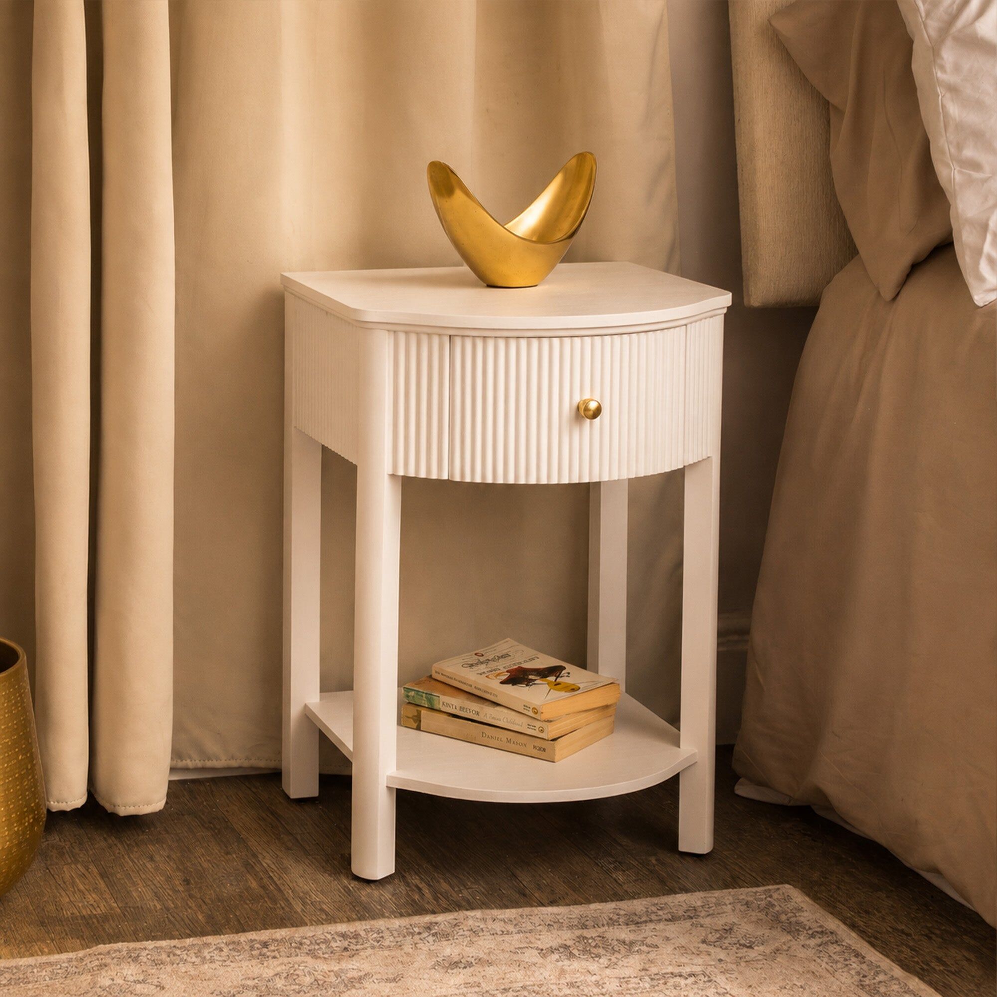 Reeded One Drawer Bedside Table - Willow White Range Wood, Metal