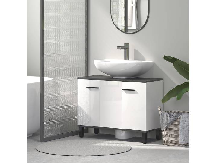 HOMCOM Meuble Sous-Lavabo Salle de Bain 2 Portes Blanc Brillant