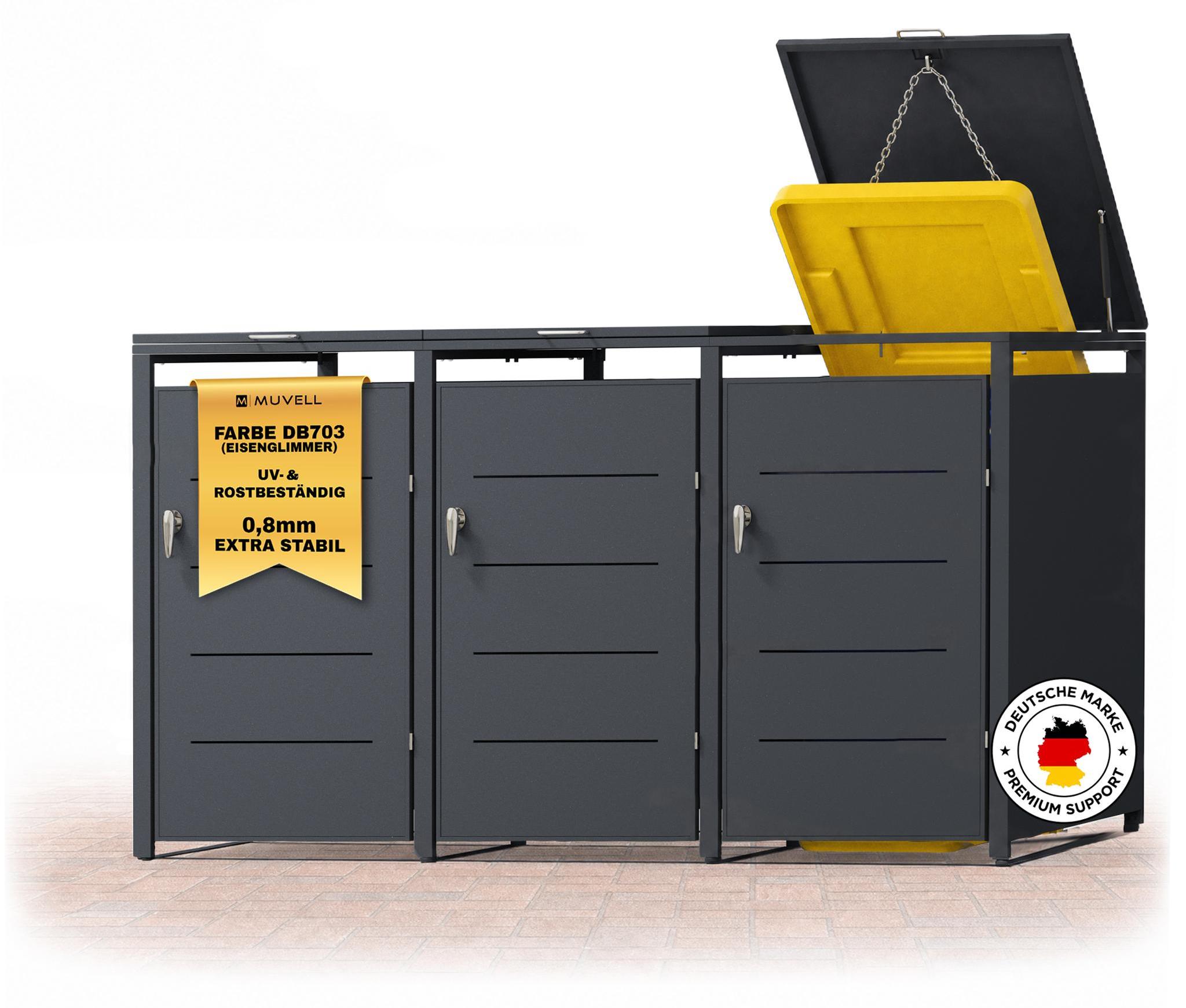 MUVELL Mülltonnenbox 3er 240l & 120l Müllbox - aus 0,8 mm feuerverzinkten Metall - Eisenglimmer DB 703 Premiumfarbe Mülltonnenboxen - abschließbare wetterfest Mülltonnenverkleidung