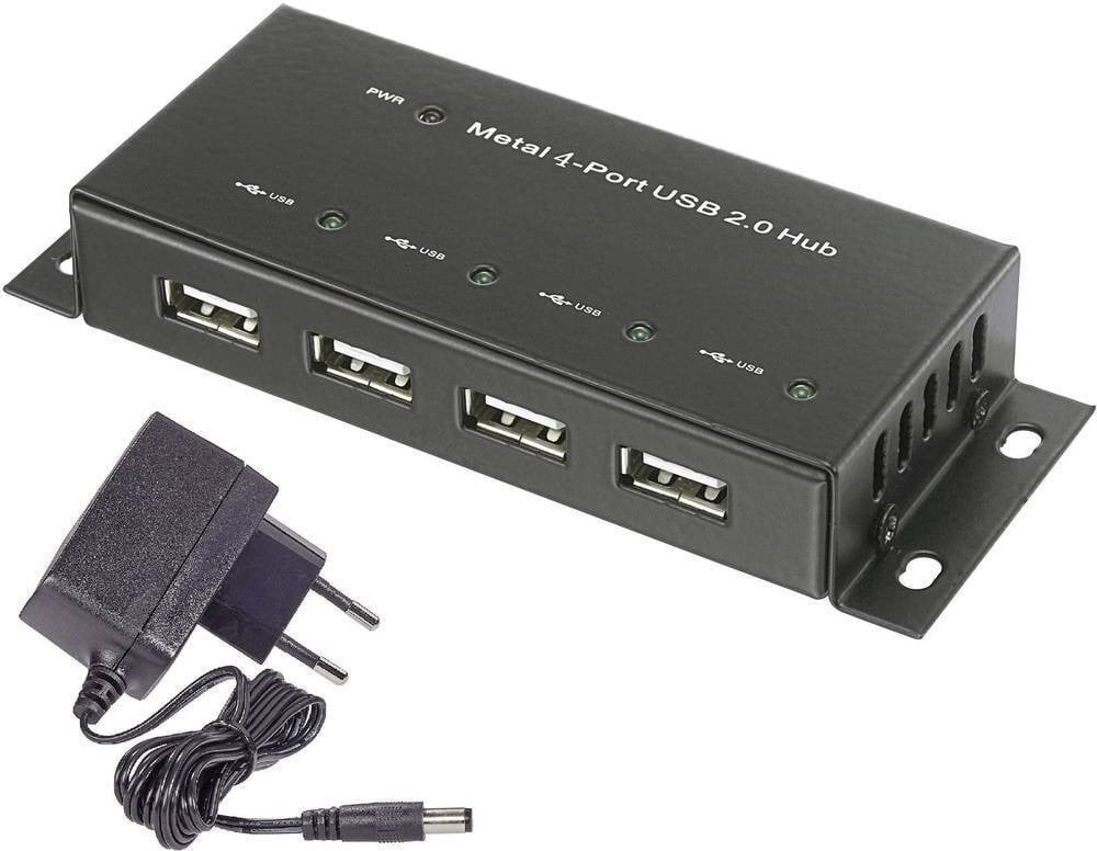Renkforce RF-4830984 USB-hub met 4 USB-A poorten, USB 2.0, 480 Mbit/s, metalen behuizing, zwart