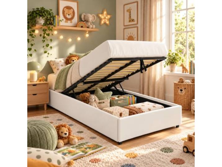 SENHO Bett mit Bettkasten, Plattform – Liegefläche 90 x 190 cm – Polyurethan weiß – Lattenrost inklusive – Lanze