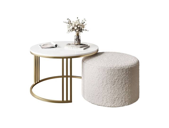 COUCHTISCH mit Hocker LORI Hochglanz gebürstetes Gold/weißer Glanz/Coral 65