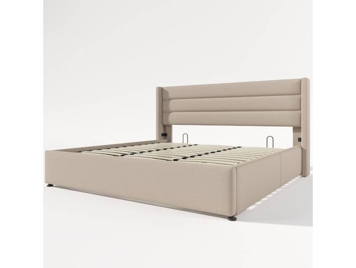 Lit Coffre Rembourré Hydraulique 180x200 Cm En Lin Beige Modenuit