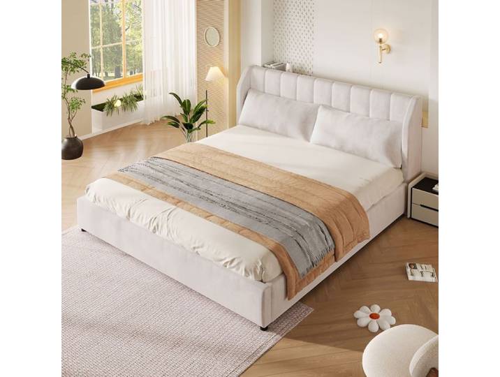 Lit double 180x200 cm lit plateforme capitonné recouvert de velours français cadre de lit robuste avec sommier à lattes beige