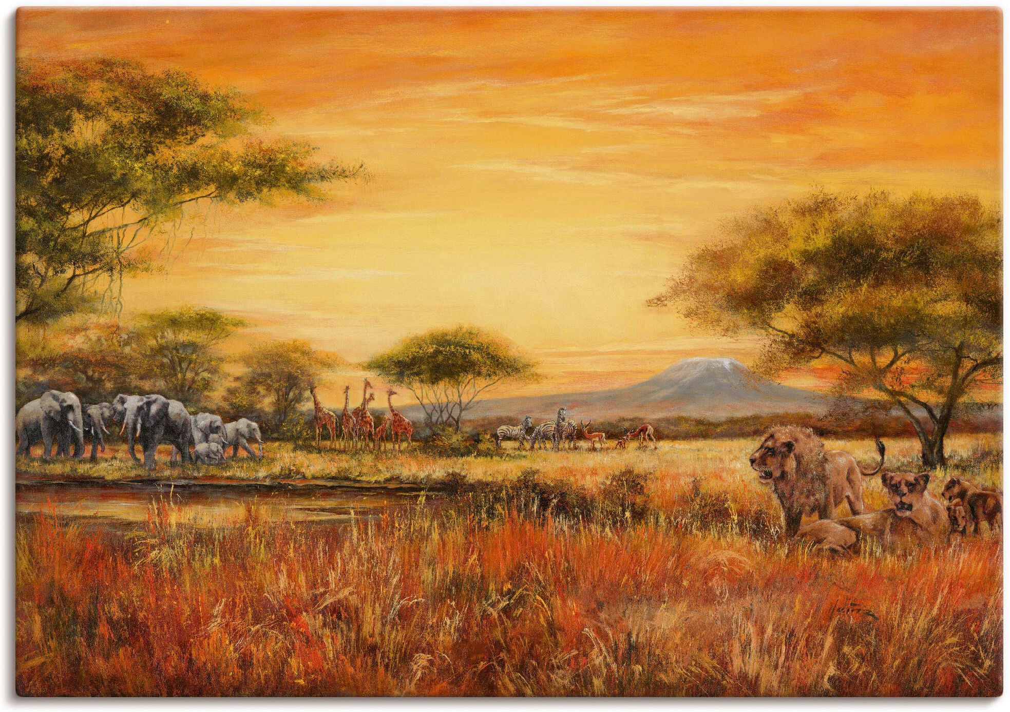 Leinwandbild ARTLAND "Afrikanische Steppe mit Löwen", braun (farbe bild(er): braun), B:70cm H:50cm, Bilder, Leinwandbild, auf Holzrahmen gespannt farbe bild(er): braun B/H/T: 70cm x 50cm, Leinwandbild Afrika, 1 Stk.
