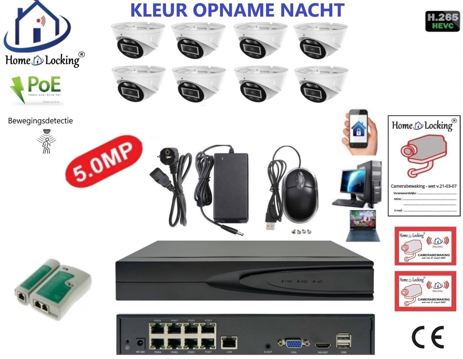 Home-Locking PoE Beveiligingssysteem met 8 Dome Camera's en NVR, 8MP H265, Bewegingsdetectie, CS-8-1605KL