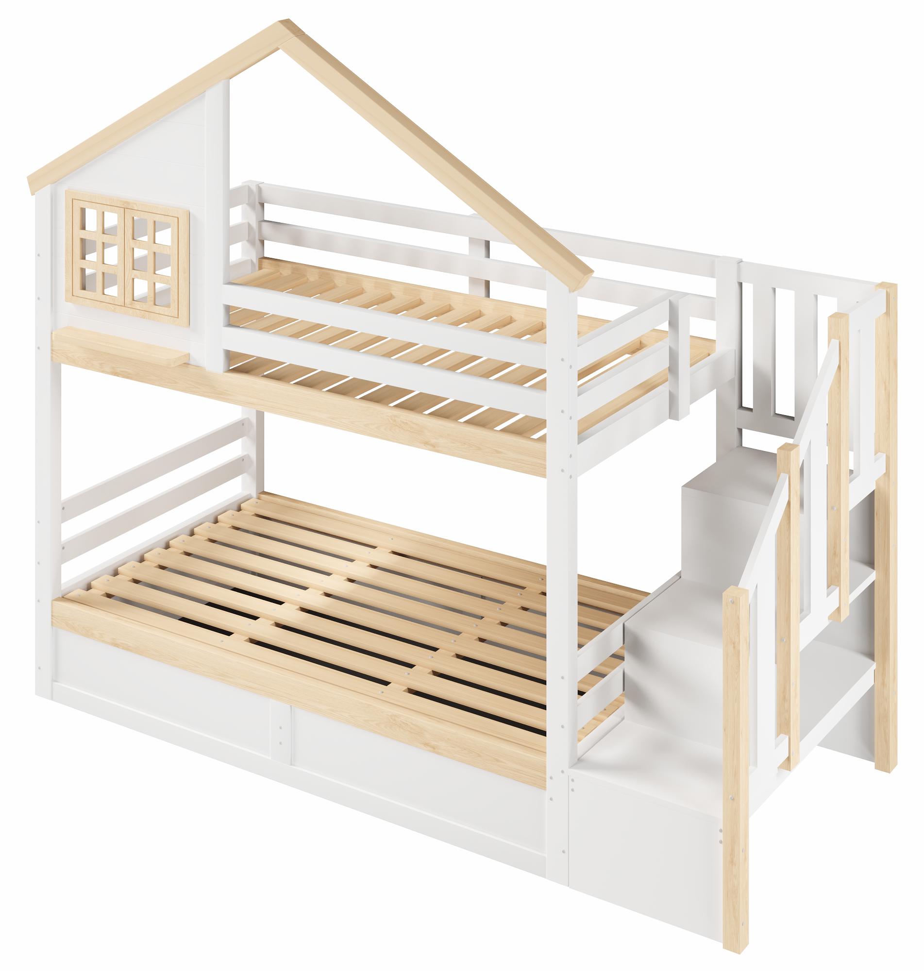 Etagenbett mit 2 Liegeflächen, Rausfallschutz, Stauraum und Lattenrosten, Treppe mit Regal, 90x200 cm/90x200 cm, Kinderbett, Stauraumbett, Kiefer