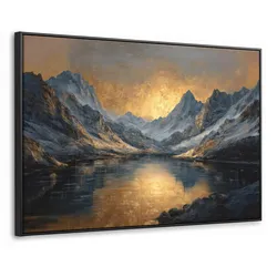 LEINWAND Bilder mit Rahmen - Bergkulisse mit goldenem Sonnenuntergang - 140x90