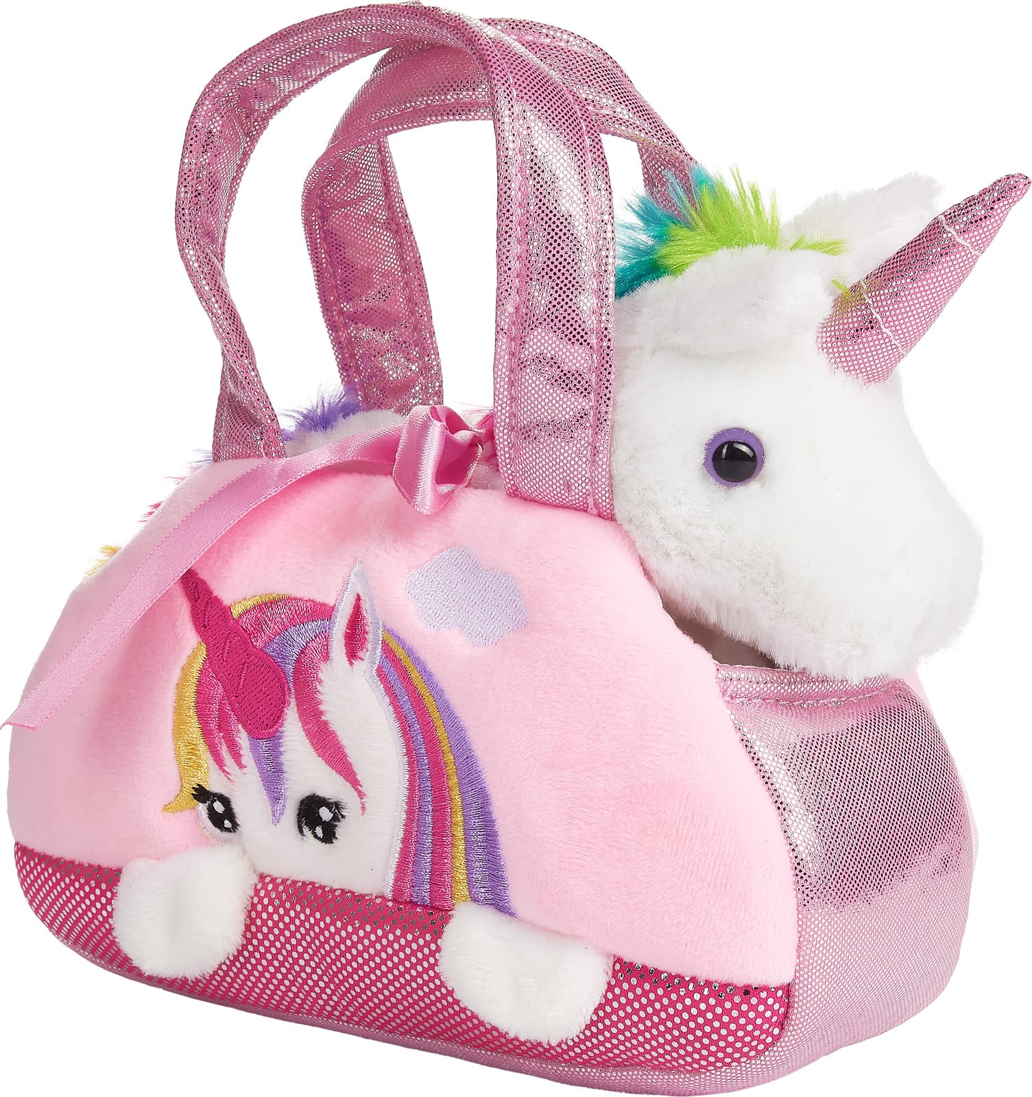 Brubaker Regenboog Pluche Eenhoorn in Handtas - Roze - 20 cm