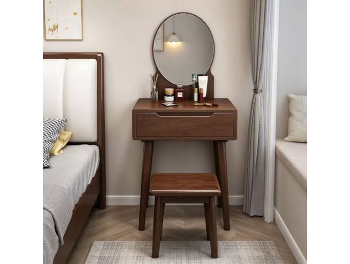 Schminktisch-Set aus Massivholz mit ovalem,kristallklaren HD-Spiegel Hocker Schminktisch Gummibaumholz mit Schublade,eingelassenem Griff,Holzschienen,Schlafzimmer Schminktisch für Frauen(walnut1)