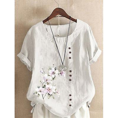 Damen Shirt Leinen Shirt Bluse Floral Leinen Vintage Basic Urlaub Kurzarm Rundhalsausschnitt Reguläre Tops Täglich Knöpfe Druck Weiß Gelb Pink Lavendel Grün Sommer Frühling