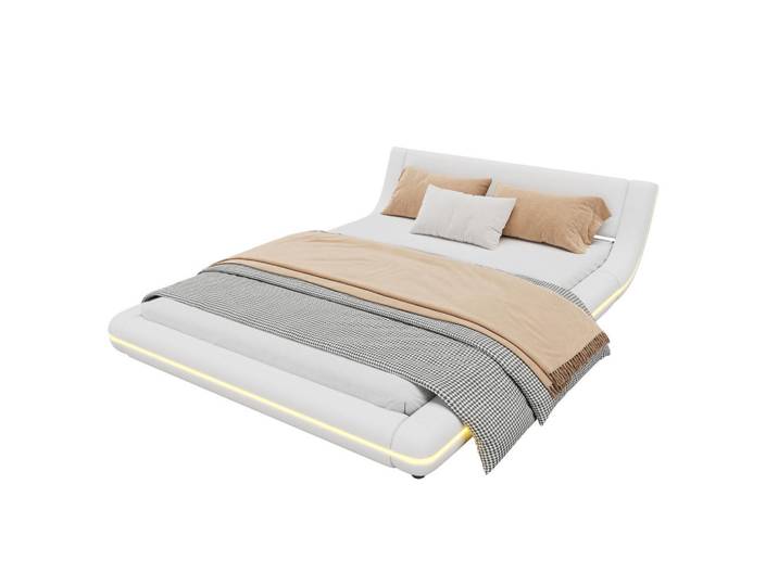 Redom Bodenbett 140/200 cm mit LED-Umgebungsbeleuchtung, App-Steuerung und PU-Oberfläche, Weiß, Leder, 140x200 cm, Schlafzimmer, Betten