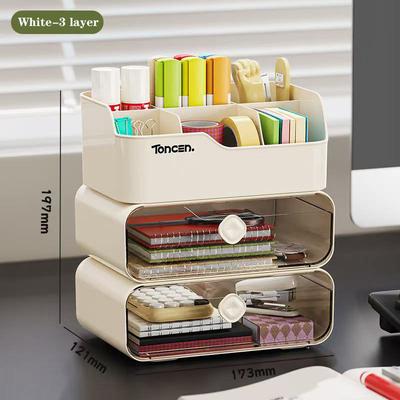 Desk Organizer With Drawers, Multi functional Office Accessories, Storage Box, Stationery Desktop School Supplies white