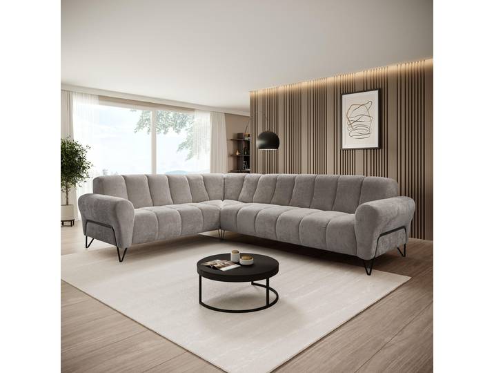 Beautysofa Ecksofa 295 cm, Moderne Couch, Sofa mit Schwarzen Metallbeinen- Seitenausführung: rechts, Polsterecke VOLARE L - Form Kühles Beige Storm 09