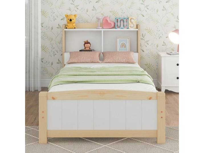 Lit Enfant 90x200 Cadre à Lattes avec Tête de Lit Rangement Blanc/Naturel - Lit Bébé Évolutif Chambre Enfant - Sans Matelas