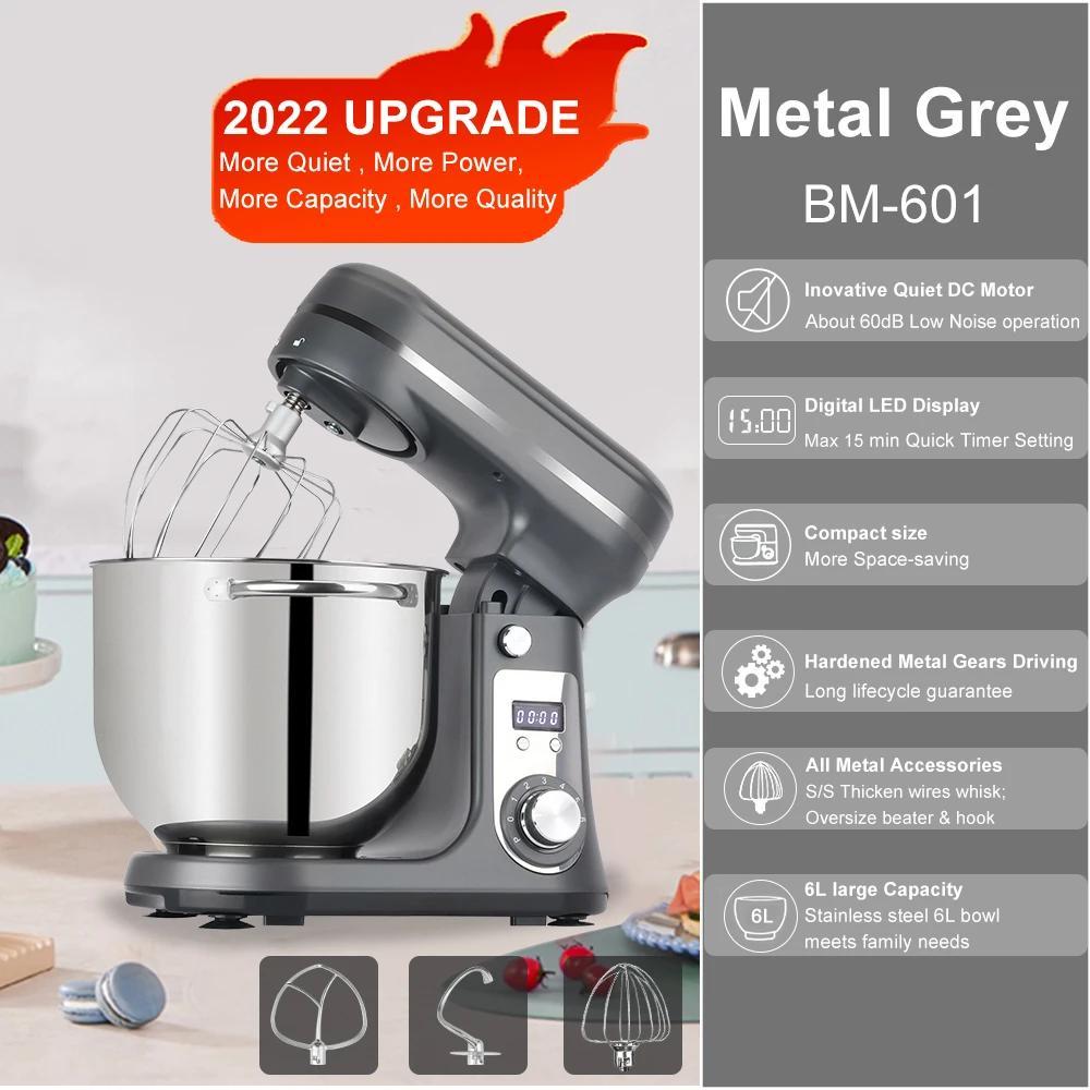 Küchenmaschine Rührmaschine - BM601 Knetmaschine - 1200 W Motor - 6 L Edelstahlschüssel - 6 Stufen - Schwenkbarer Kopf - Leiser Betrieb - EU-Stecker - Grau
