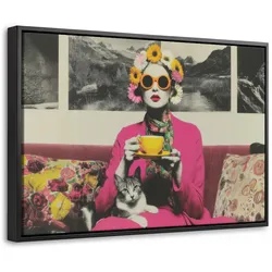 LEINWAND Bilder mit Rahmen - Frau - Katze - Blumen - Tasse - Retro - 30x20