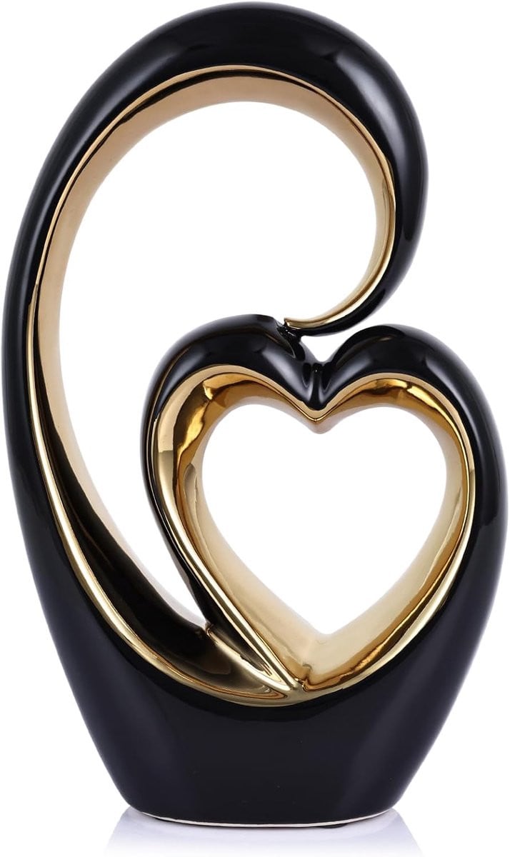Keramisch Dubbel Hart Standbeeld met Gouden Accent voor Woonkamer Decoratie, Hoogte: 24,89 cm