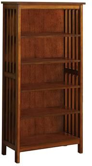 Benzara Benjara 5 Tier Wooden Media Shelf with Slatted Side Panels, Oak Brown