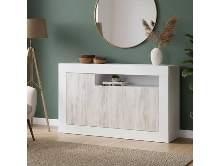 Dmora - Thornton Sideboard, Wohnzimmergarderobe, Wohnzimmerbuffet mit Fächern, TV-Ständer, modernes Sideboard mit 3 Türen, 144x42h87 cm, Weiß