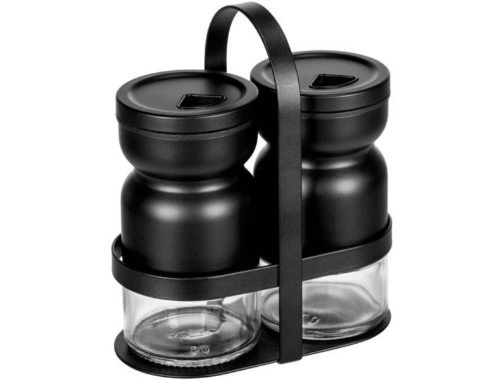 Gewürzstreuer WENKO Modell Melli , schwarz (gefäß : transparent, deckel und halterung: schwarz), B:12cm H:14,5cm, Gewürzstreuer, Gewürzstreuer, Menage mit 2 Gewürzstreuern, für fein- bis grobkörnige Gewürze, Metall