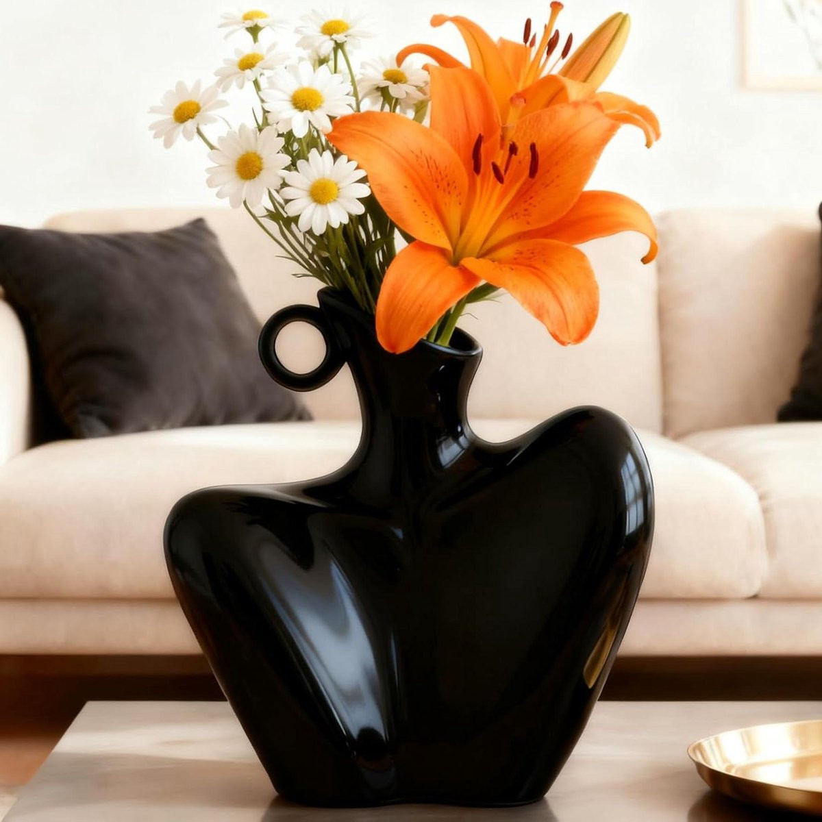 Keramische Body Vaas Zwart - Handgeblazen Moderne Decoratie - H x B: 19,05 x 14,48 cm
