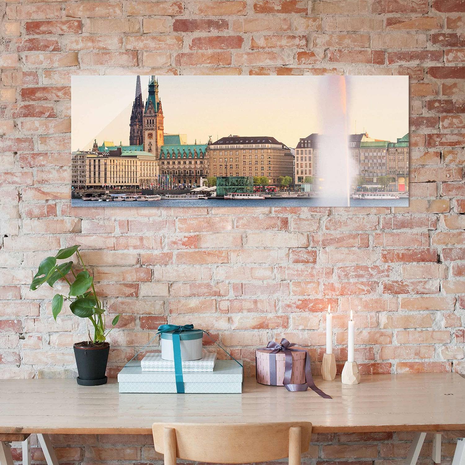 home24 Glazen afbeelding Hamburger Alster met steden en architectuur motief, multicolor